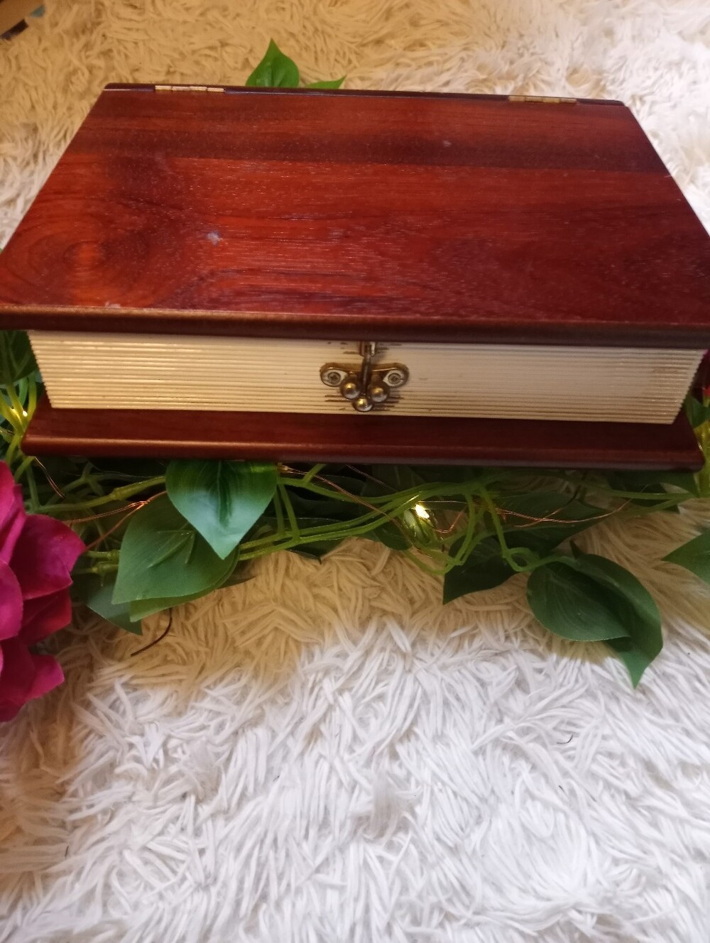 Wood Jewelry Box with Brass Latch - Mahogany and Cream